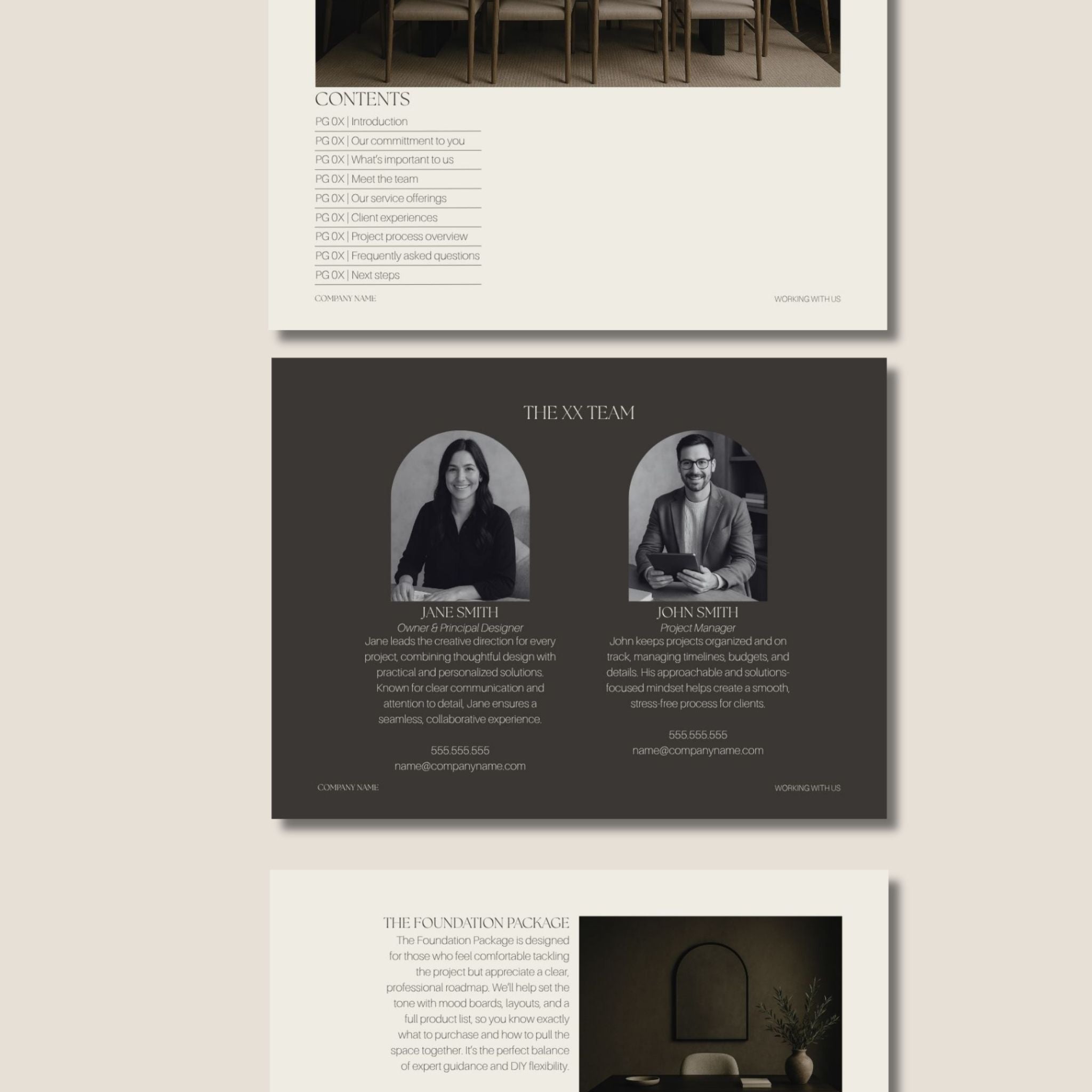 Sample Pages from the Pitch Deck Template for Interior Designers