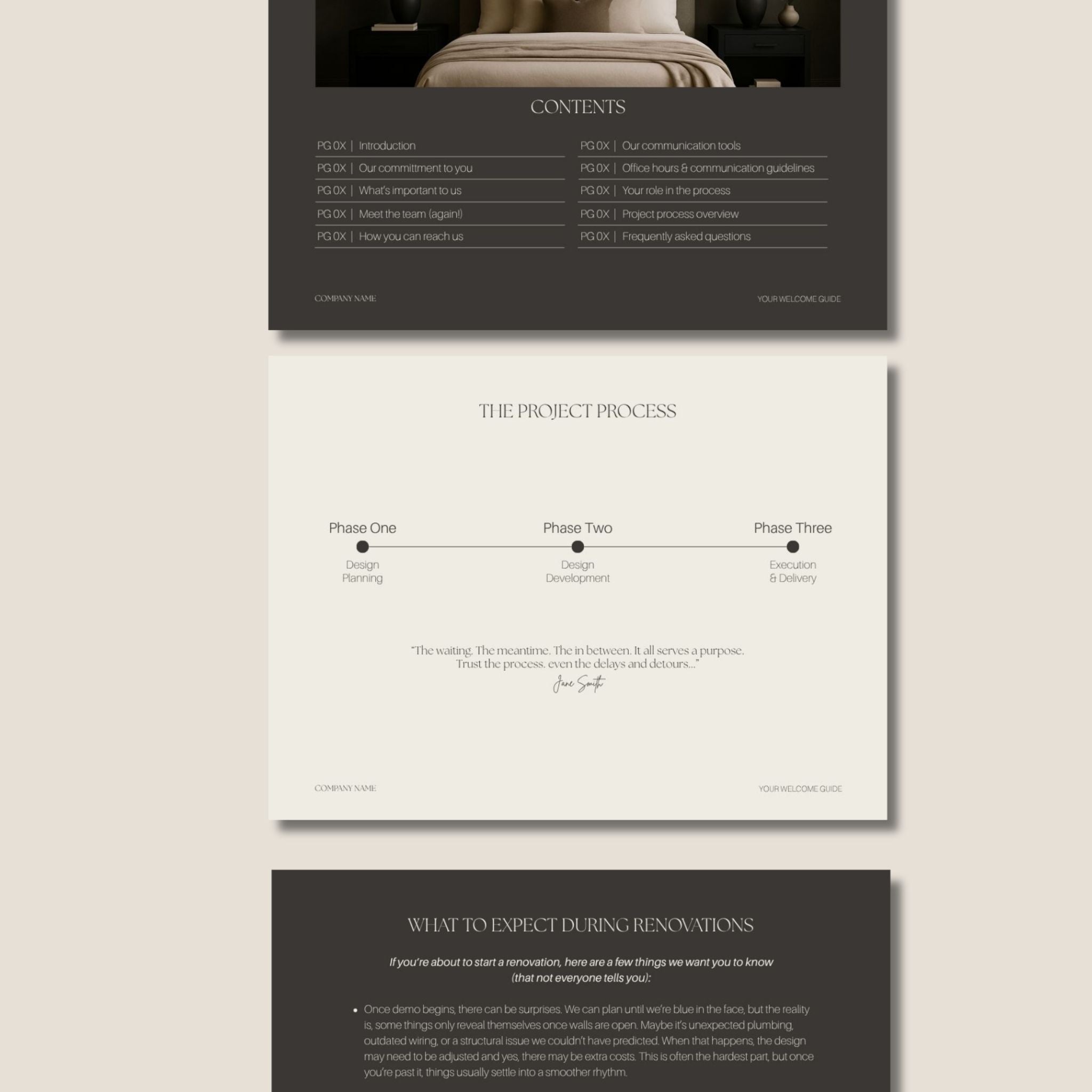 Sample Pages from the Welcome Guide Template. Templates for Interior Design, Interior Architecture business.