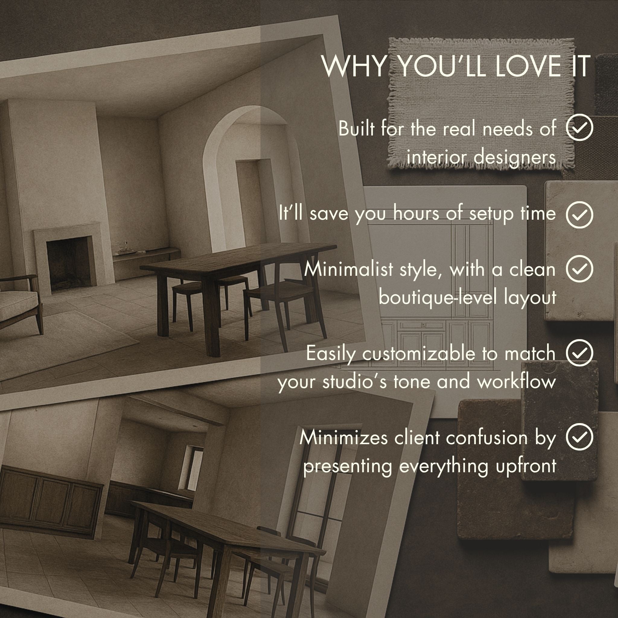 Features highlight for the Welcome Guide Template for Interior Designers