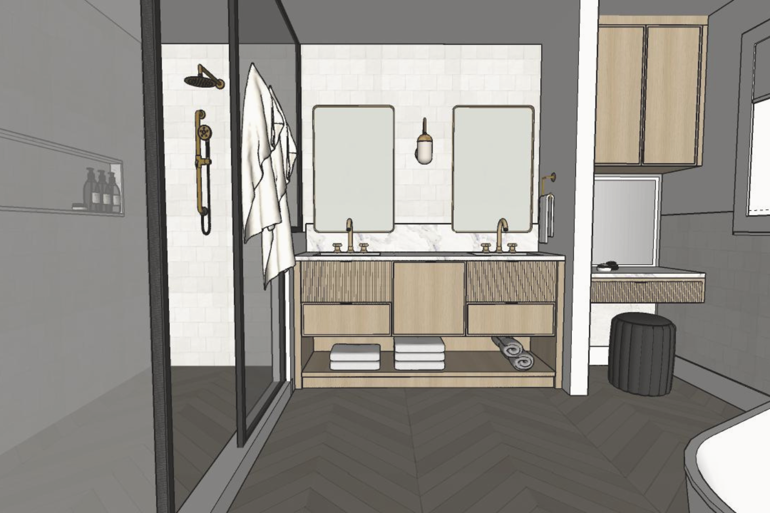 SketchUp rendering of Master Bathroom design for Sauve Project in Ile Bizard, Quebec, Canada.  Interior Design and 3D Rendering by Olive & Neon.