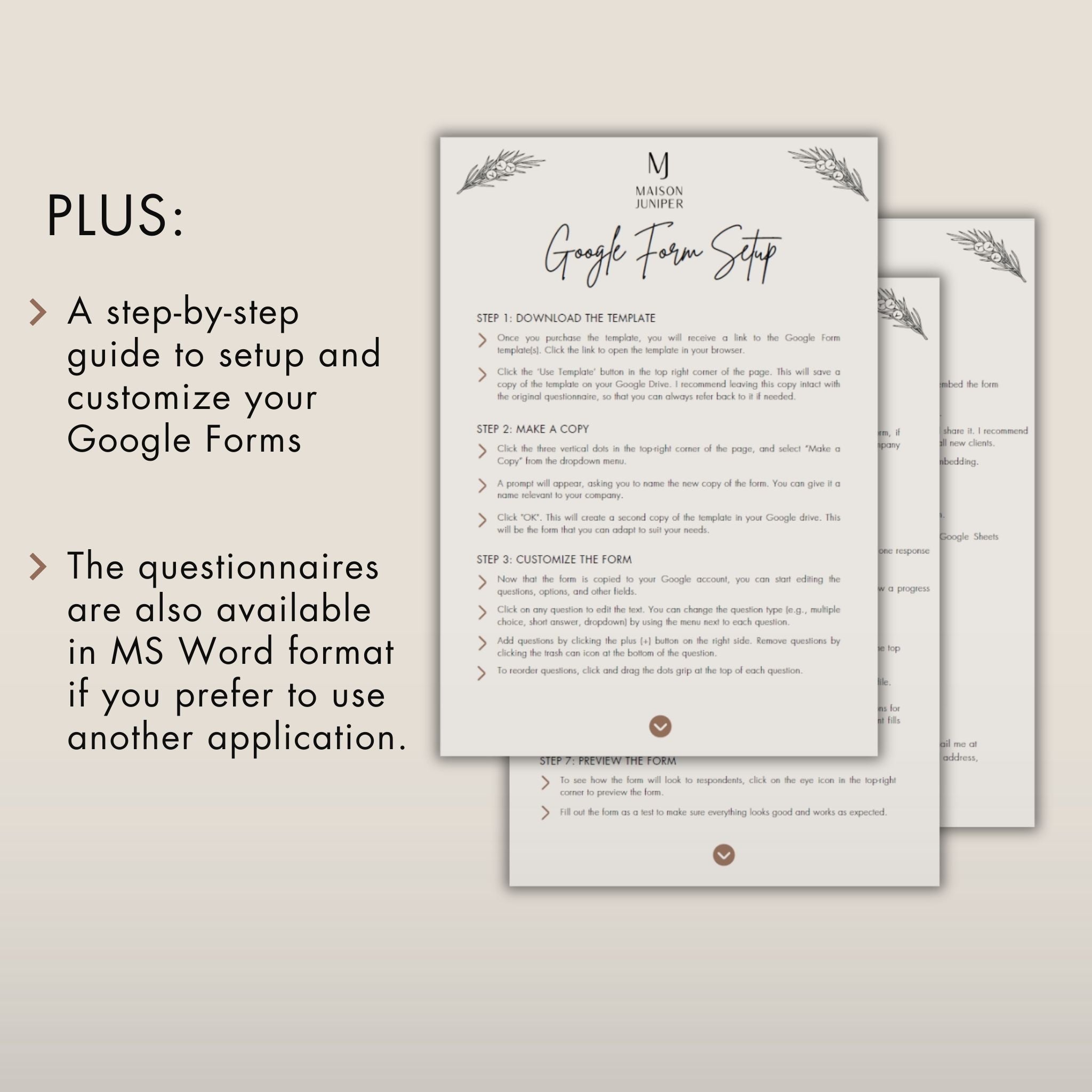 Setup Instructions: Client Onboarding Questionnaire Bundle for Interior Designers and Decorators
1. A step-by-step guide to setup and customize your Google Forms
2. The questionnaires are also available in MS Word format if you prefer to use another application.