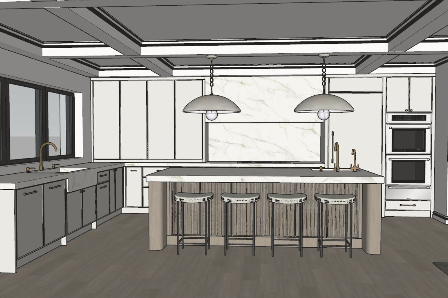 Sketchup Rendering of kitchen for Granville Project.  Designed by Olive & Neon.  